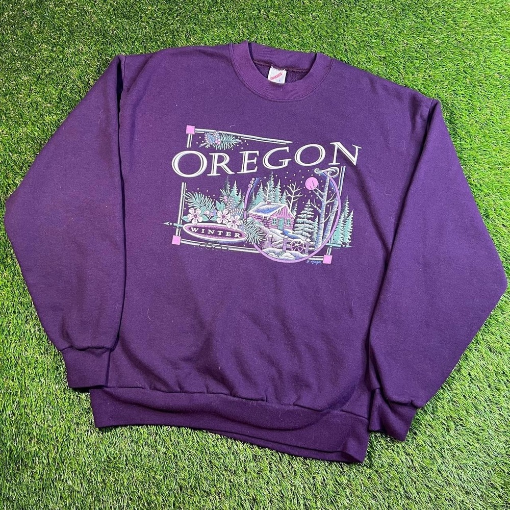 Vintage Oregon Winter Sweatshirt Jerzees Made USA Purple Graphic 90s Size L Rare